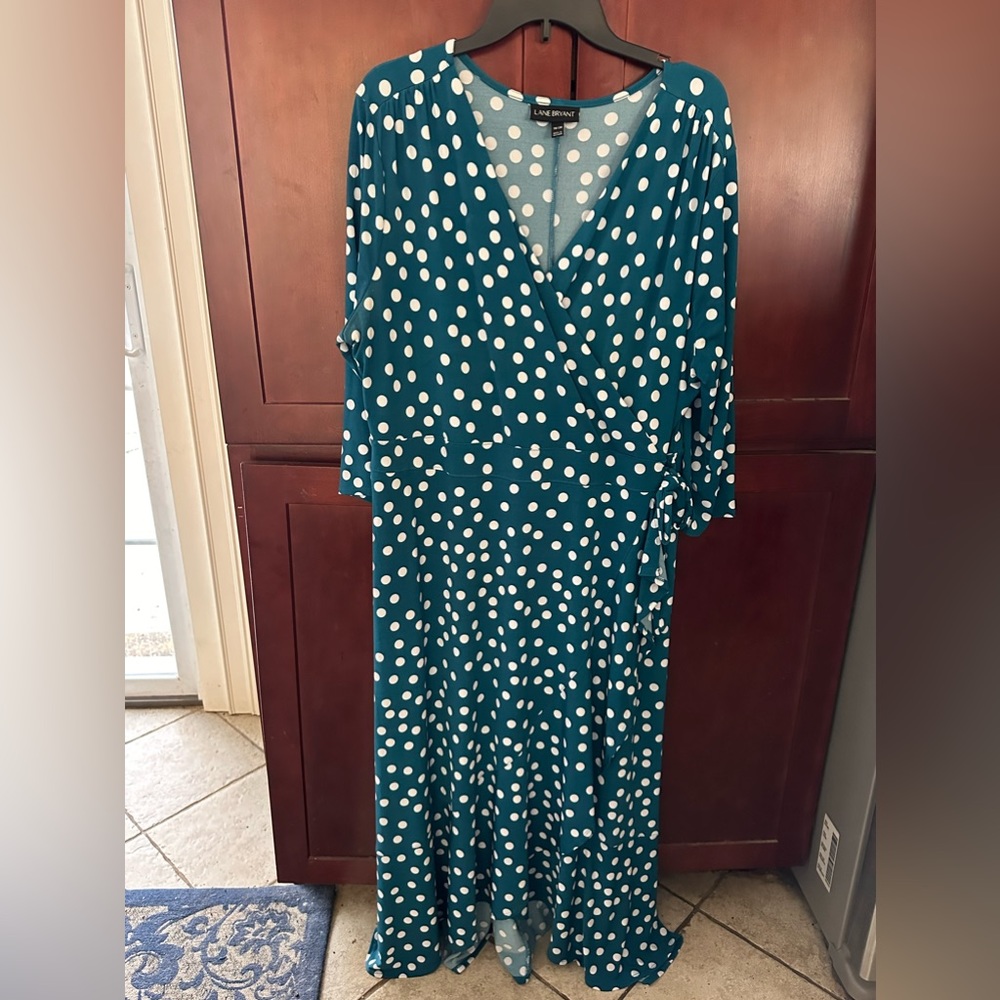 Lane Bryant Teal and White Polka Dot Wrap Midi Dress Sizr 18/20